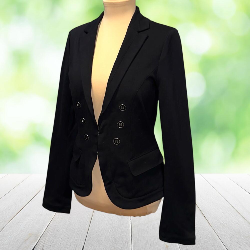 WHBM Knit Blazer Jacket Black Nautical Buttons Tailored Hook Eye Stretch Size 8